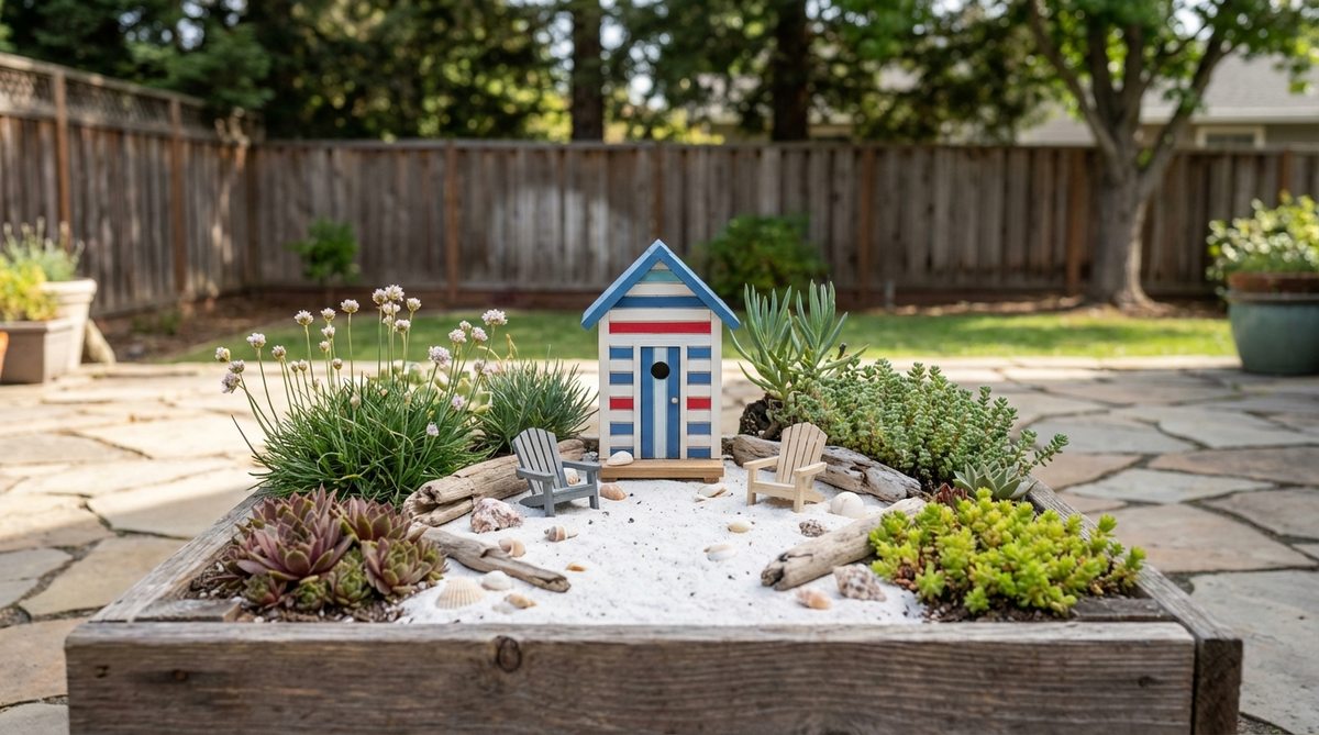 A miniature garden featuring a colorfully striped beach hut on a sandy beach with scattered shells and miniature chairs, using aquarium sand and drought-tolerant coastal plants to create a coastal theme suitable for landlocked areas.