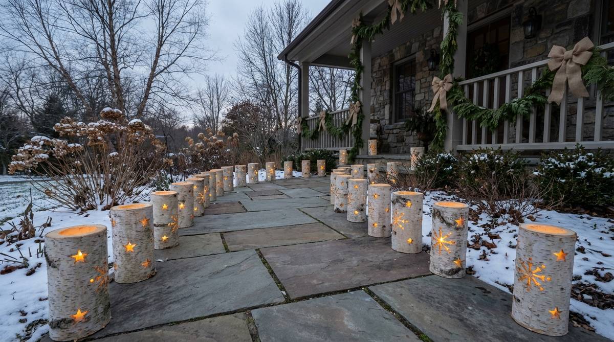 A rustic outdoor Christmas decor featuring hollowed birch logs with battery-operated candles, creating luminaries that line pathways or define porch perimeters. The natural white bark adds winter-appropriate color and organic texture, with drilled holes in decorative patterns allowing light to escape. This durable, weather-resistant decoration can be repurposed annually with fresh candles.