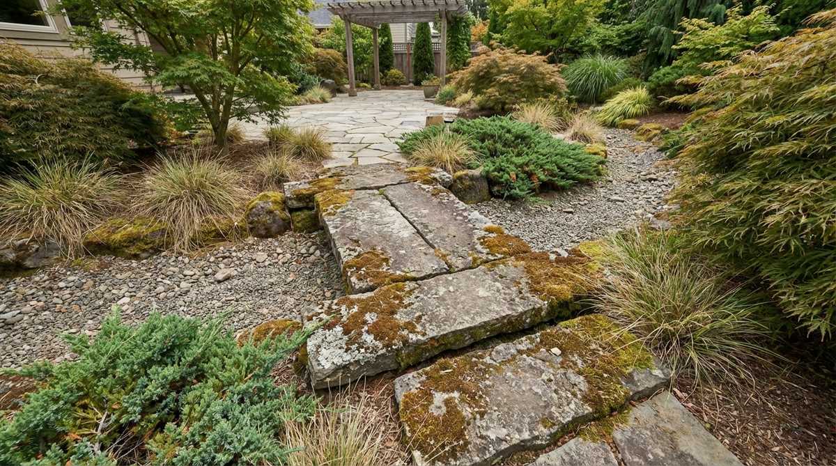 A series of long, flat stones arranged as a symbolic bridge across a dry stream bed in a Japanese garden. The stones are positioned perpendicular to the stream flow at a narrow point, with moss and lichen growing on their surfaces to suggest age and authentic weathering.