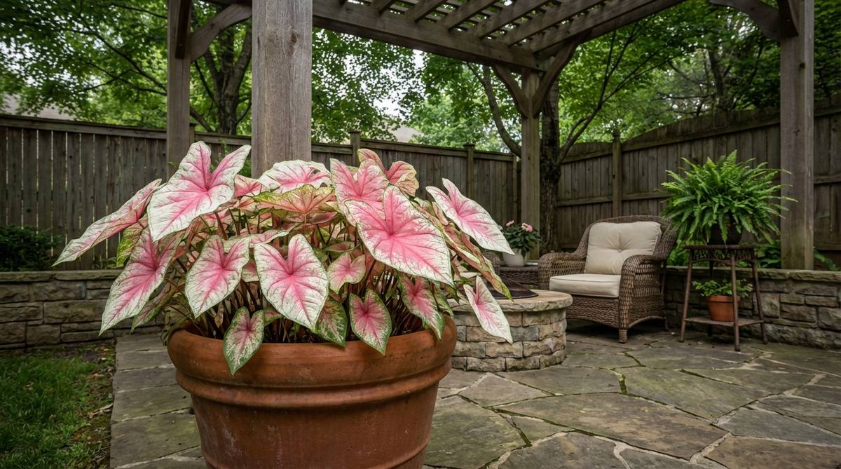 A container of caladiums with pink and white variegated leaves brightening a shaded patio corner. The bold foliage provides floral-like visual interest without requiring blooms, perfect for outdoor decor in spring where flowering plants might struggle.