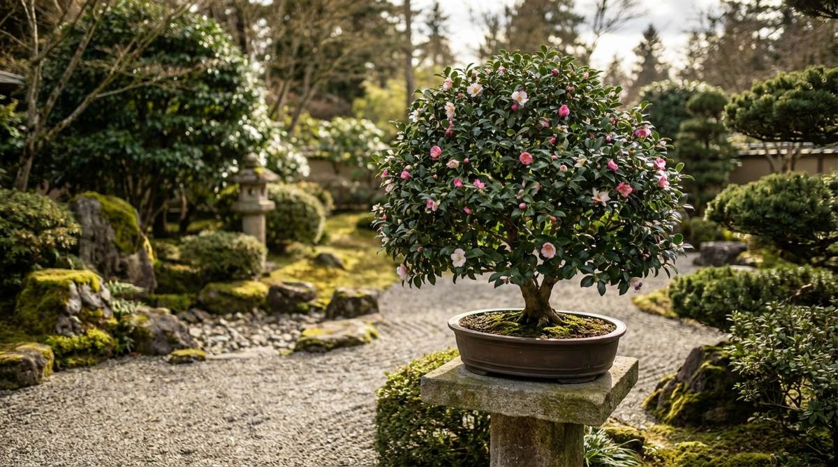 An image of Camellia Sasanqua, an autumn-flowering bonsai species with smaller, abundant flowers and evergreen leaves, thriving in a Japanese garden environment with sun tolerance and year-round decorative appeal.