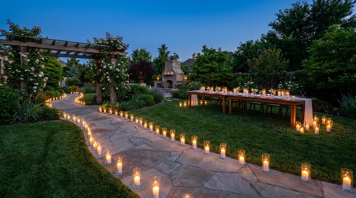 Small glass votive holders with pillar candles create low-level lighting along pathways and table perimeters, contributing to intimate ambiance for outdoor wedding decor. The flickering quality adds organic movement, with votives spaced at 18-24 inch intervals to provide continuous light guidance. Use tempered glass holders that withstand outdoor temperature variations or consider flameless LED votives in high-wind locations.