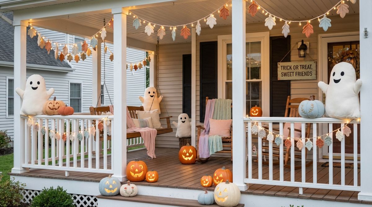 A gentle, storybook-inspired Halloween porch scene designed for younger trick-or-treaters, featuring friendly ghosts, smiling pumpkins, pastel accents, soft plush decor, and clear lighting for safety, creating a playful and non-frightening atmosphere.