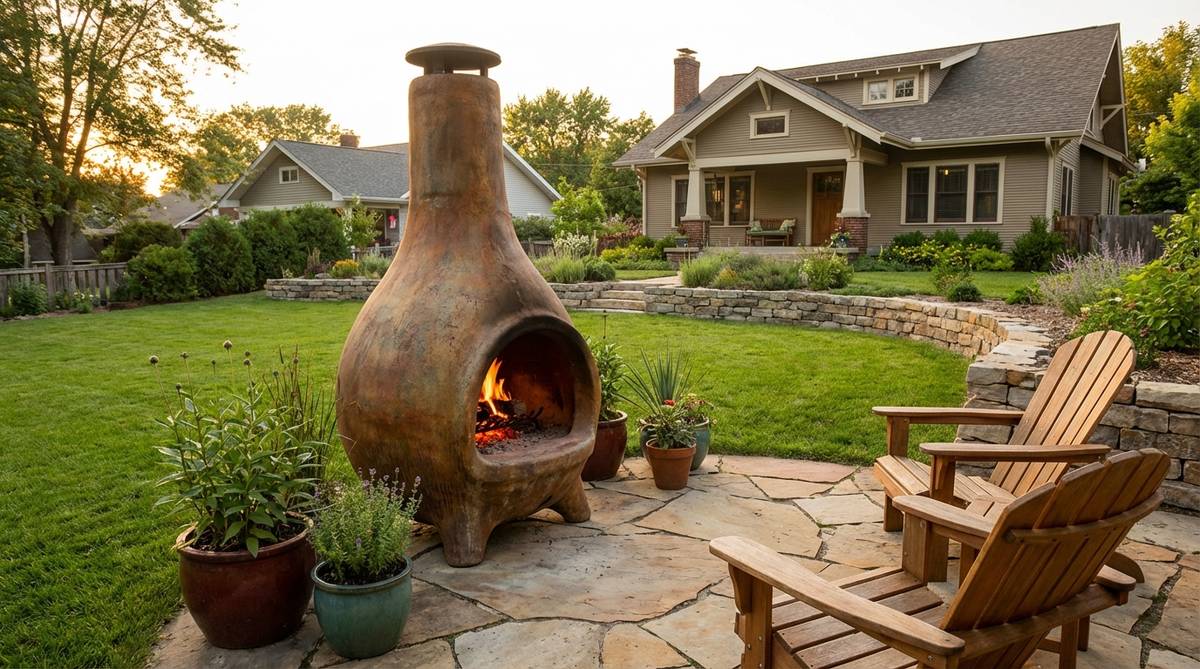 A freestanding clay or cast-iron fireplace with sculptural form that serves as both a functional heat source and decorative art piece for outdoor spaces. Traditional designs add Southwestern character, while modern versions feature sleek metal finishes.