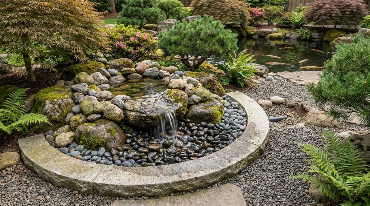 A decorative circular basin or stone arrangement in a Japanese garden, with water flowing across river rocks and disappearing into a hidden reservoir. This pondless feature connects to the main koi pond via underground piping, providing secondary aeration and creating movement and sound in space-constrained areas.
