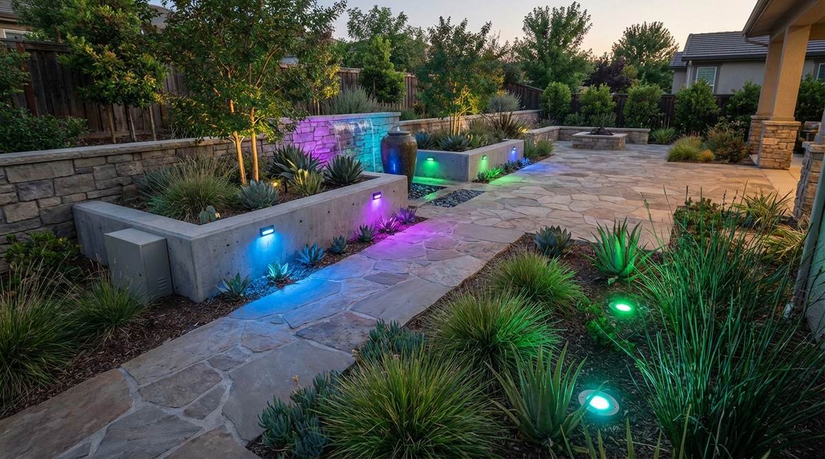 Modern garden lighting featuring color-kinetic in-ground fixtures with RGB LED arrays and dynamic control systems. These programmable fixtures create vibrant color sequences and fades for seasonal themes and event displays, while maintaining white light for everyday use. Perfect for architectural lighting and landscape illumination without visible hardware.