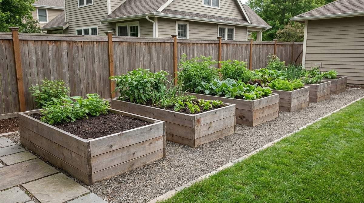 An image showing compact raised beds, 18 inches tall with 2x3-foot footprints, made from cedar or composite lumber, ideal for small gardens to improve ergonomics and drainage while defining planting zones.