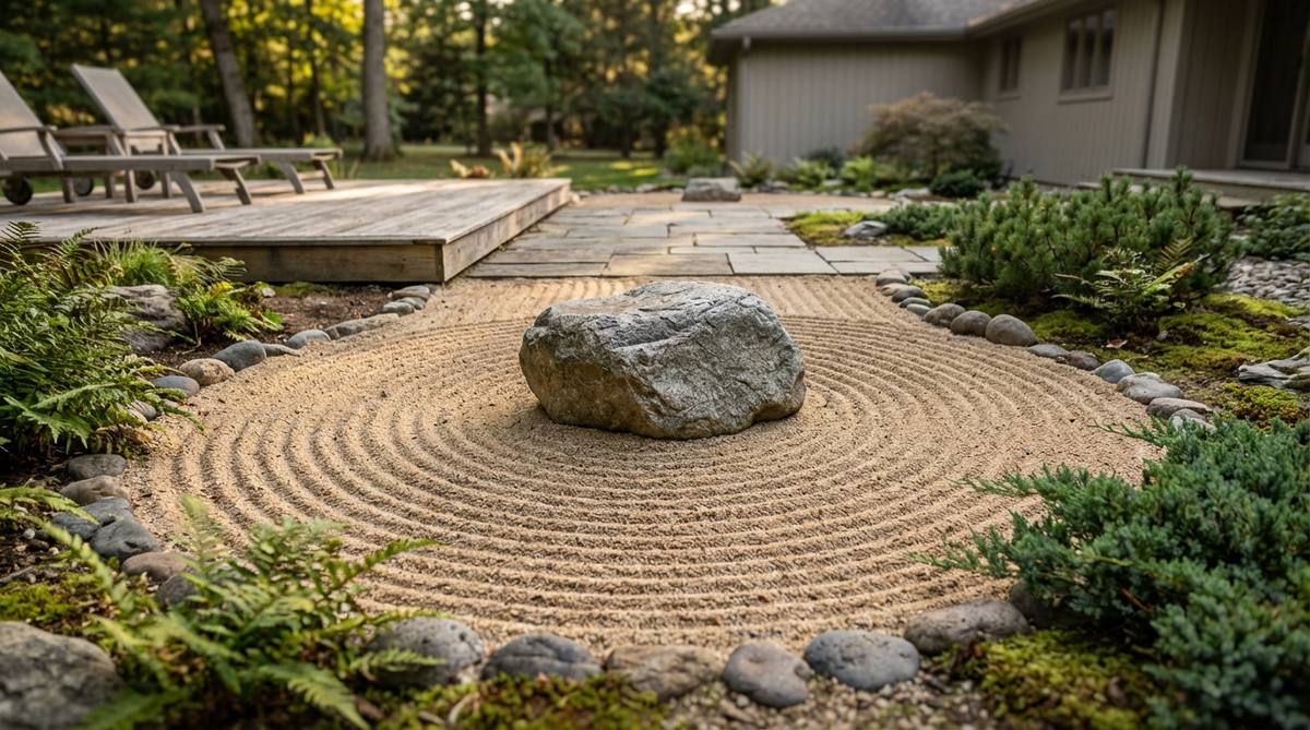 A detailed view of concentric circle patterns raked in the sand of a Japanese Zen garden, radiating outward from a central stone to create the illusion of water ripples. The circular design demonstrates precise spacing that widens gradually as it expands, symbolizing movement and focus in traditional Zen garden artistry.