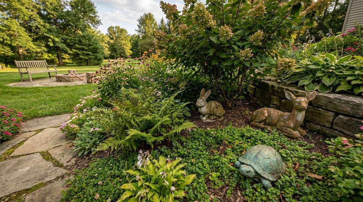 Vintage concrete garden animals like rabbits, deer, and turtles positioned in garden beds, partially concealed within plantings to blend naturally into the landscape with moss coatings.
