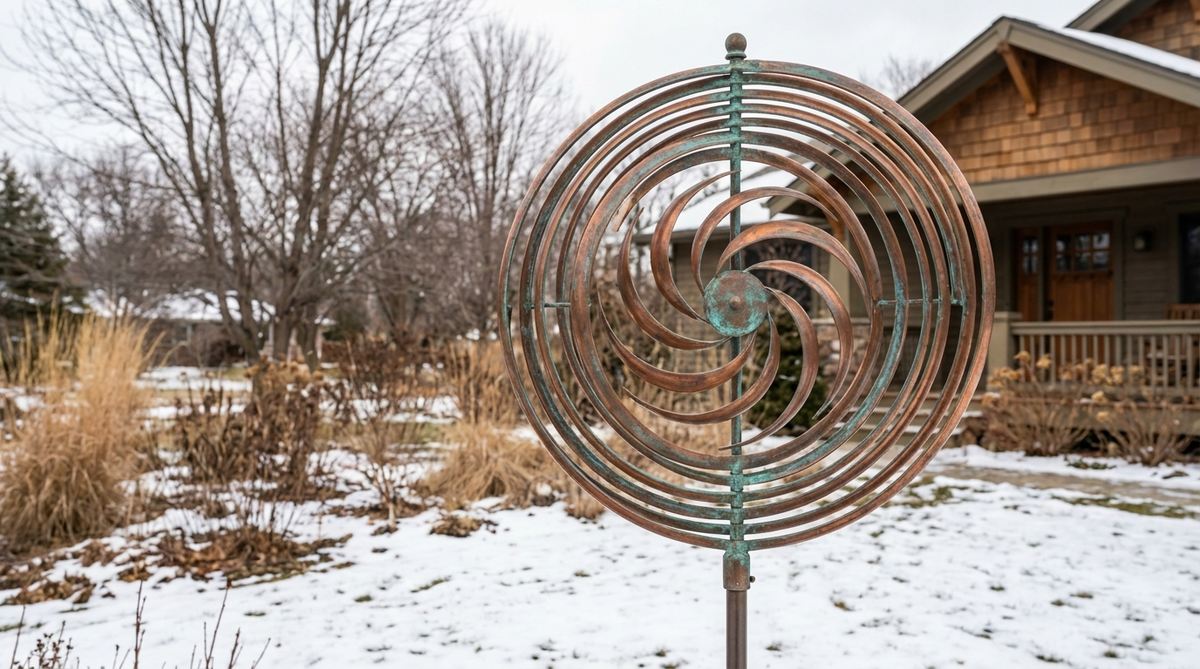 A copper wind spinner with concentric rings or spiral forms rotating on central axes, creating mesmerizing patterns. The copper material develops a verdigris patina while maintaining smooth bearing action, adding dynamic visual interest to garden decor. Mounted on a pole or hung from a tree branch, it operates reliably with a ball bearing system, bringing life to gardens during winter when plant movement is minimal.