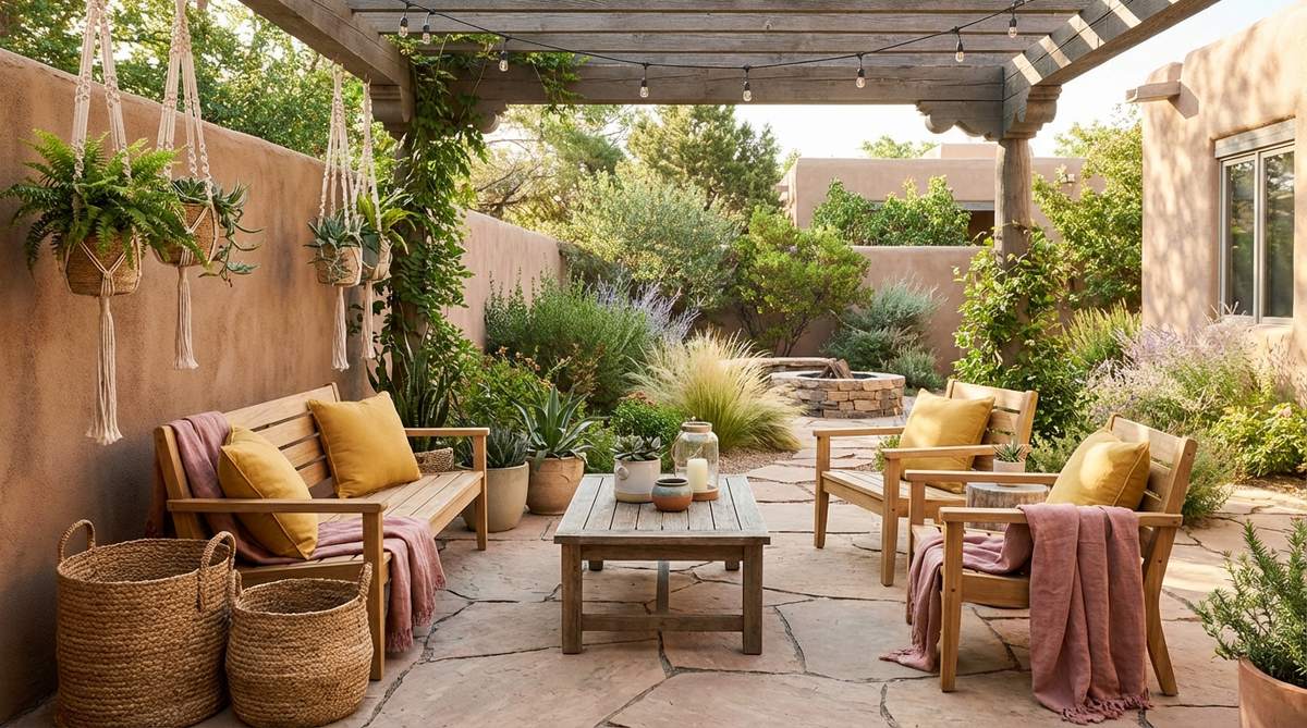 A cozy bohemian decor featuring adobe clay walls, mustard yellow throw pillows, dusty rose textiles, and natural wood furniture, layered with woven baskets, macramé, and plants for an eclectic, warm, and earthy aesthetic.