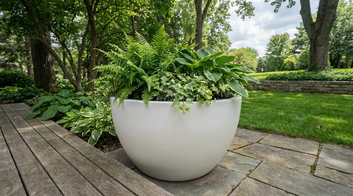 A clean, minimalist white planter in a glossy or matte finish, ideal for brightening shaded outdoor areas and complementing Scandinavian or coastal design aesthetics. The smooth surface allows for easy cleaning to maintain its pristine appearance.
