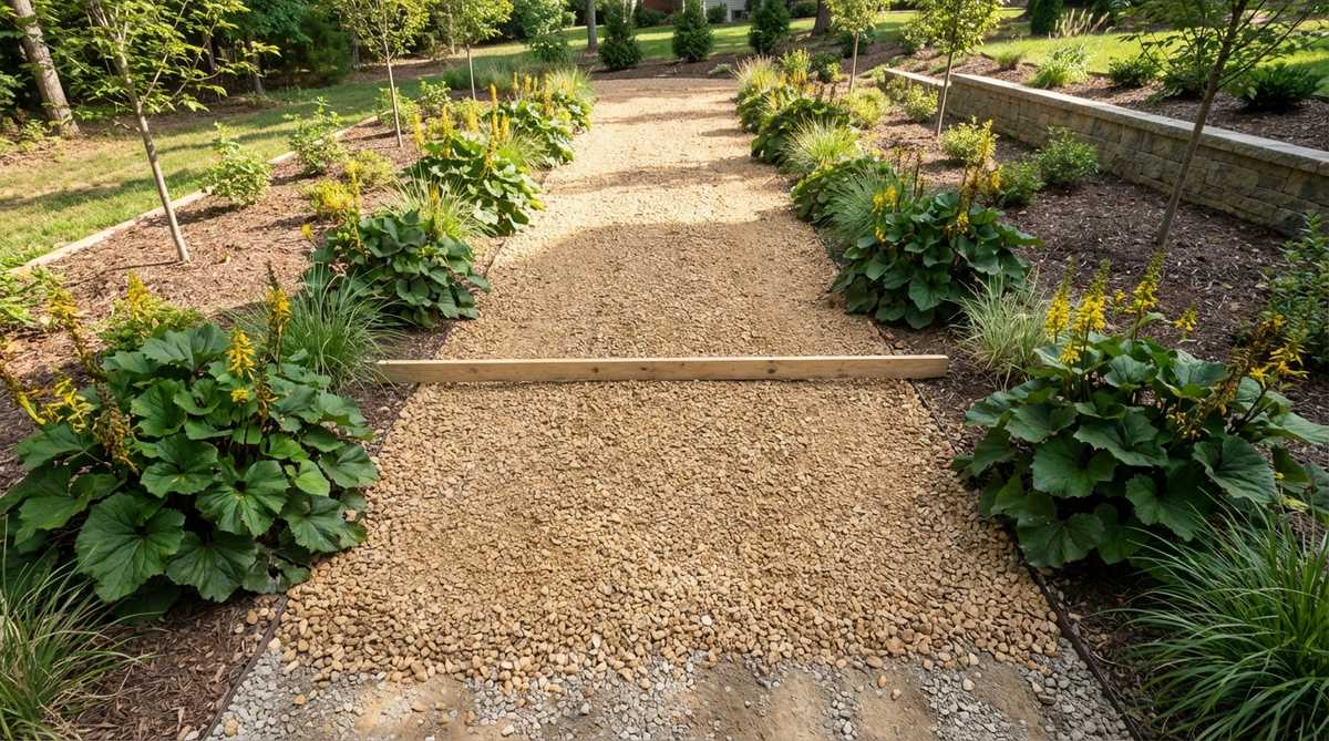A gravel garden path with a raised center crown for water drainage, showing proper installation technique with a screed board and water-tolerant plants like ligularia along the edges.