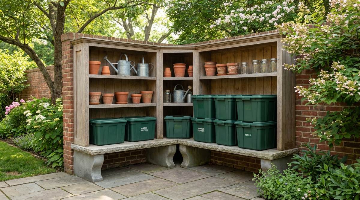 A large deck storage box with a weather-resistant cushion on top, positioned in a corner of a cozy garden setting. The box interior is shown storing pool supplies, cushions, or yard games, featuring a hydraulic lift for easy one-handed opening. This practical and stylish solution provides impromptu seating and variable storage in active outdoor spaces.