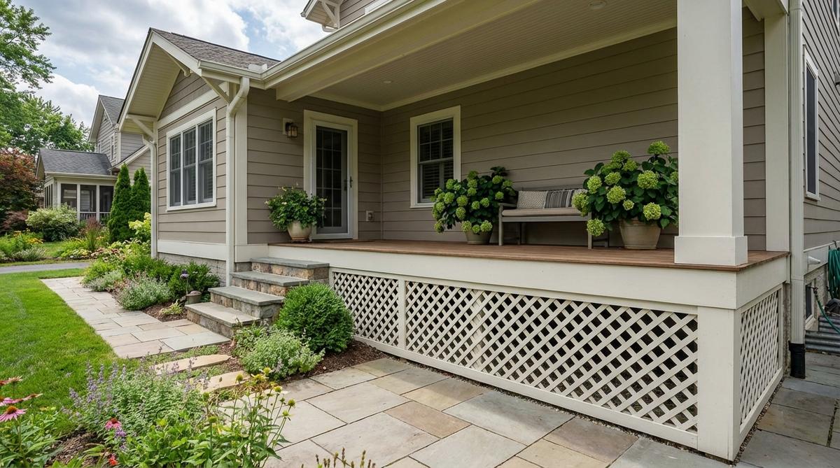 A decorative porch skirt made of lattice or slat screening, painted to match trim, concealing the space beneath an elevated porch while maintaining ventilation and adding a polished finish to outdoor decor.