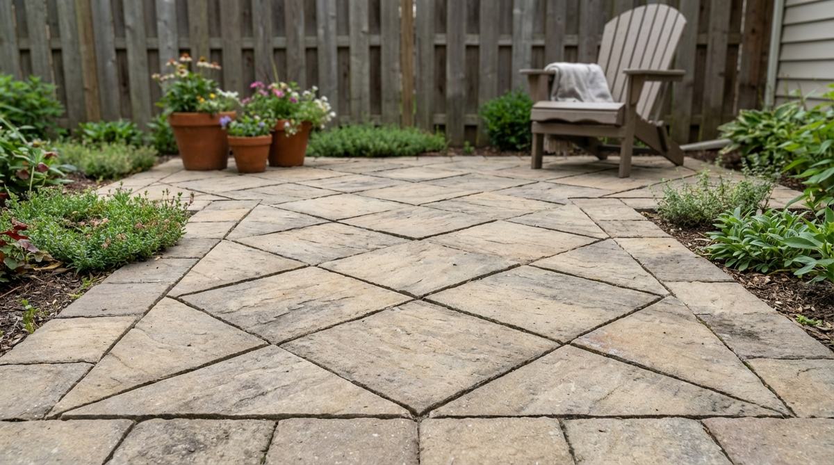 A close-up view of square pavers arranged in a diamond orientation at a 45-degree angle, creating dynamic diagonal patterns in a small garden patio setting. The design features triangular edge cuts and soldier course borders for clean transitions, enhancing spatial perception with minimal material changes.