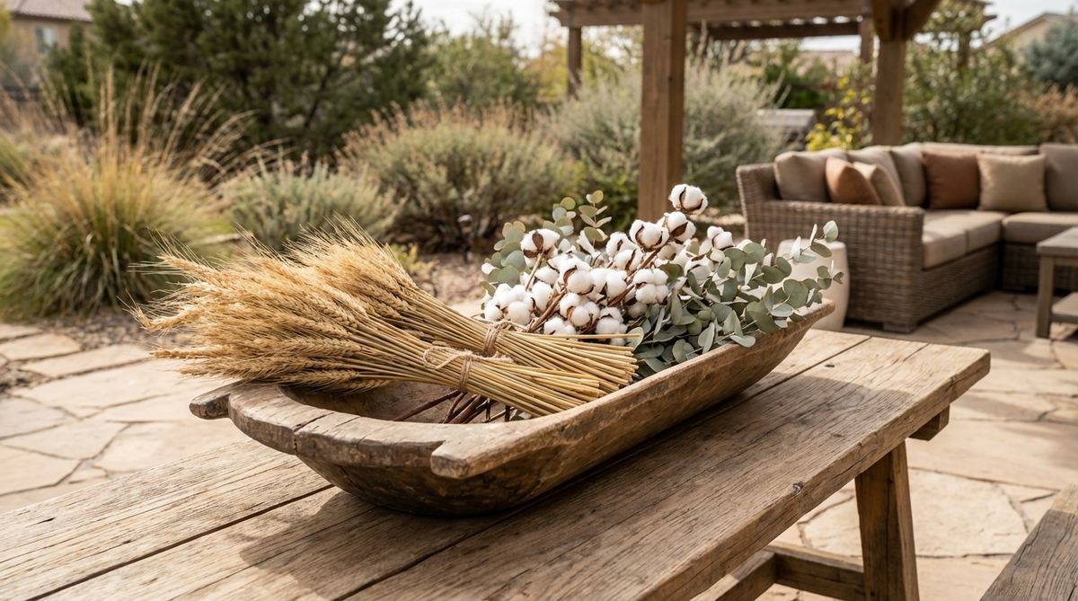 An antique wooden dough bowl filled with dried wheat, cotton stems, and eucalyptus, showcasing a lasting centerpiece with neutral tones that complement seasonal decor shifts in western boho style.