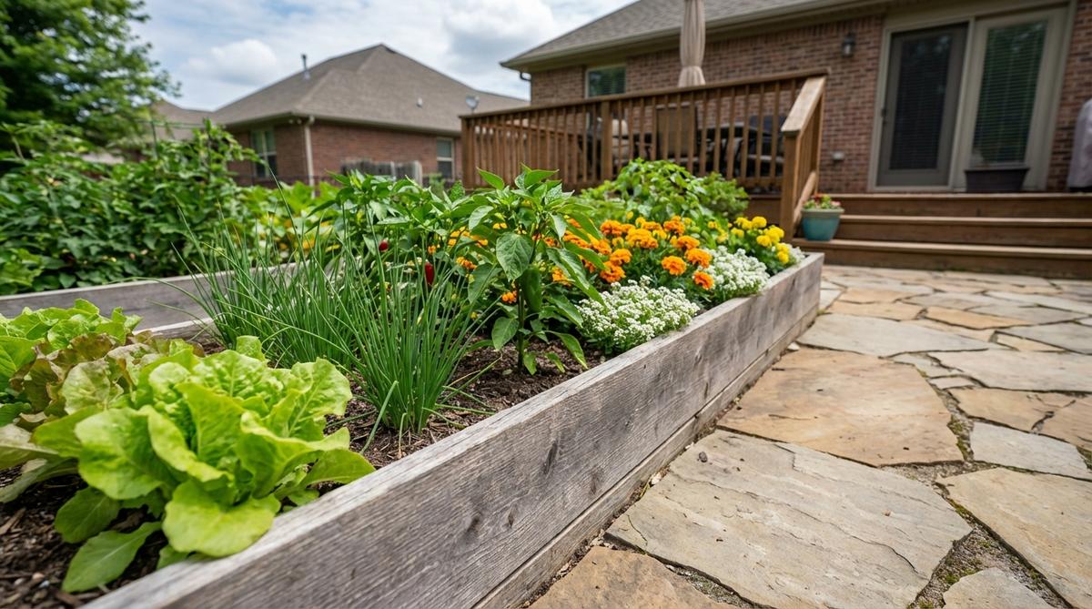 A narrow raised garden bed along a patio, featuring lettuce, chives, dwarf peppers, marigolds, and alyssum, designed for decorative and harvest purposes with seasonal crop rotation.