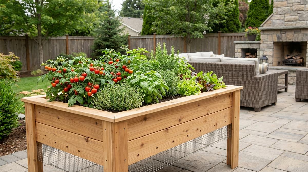 A waist-high elevated table garden on a patio, featuring compact cherry tomatoes, herbs, and salad greens in a 2x4 foot bed. The design eliminates bending for gardeners with mobility issues while providing excellent drainage and pest protection.