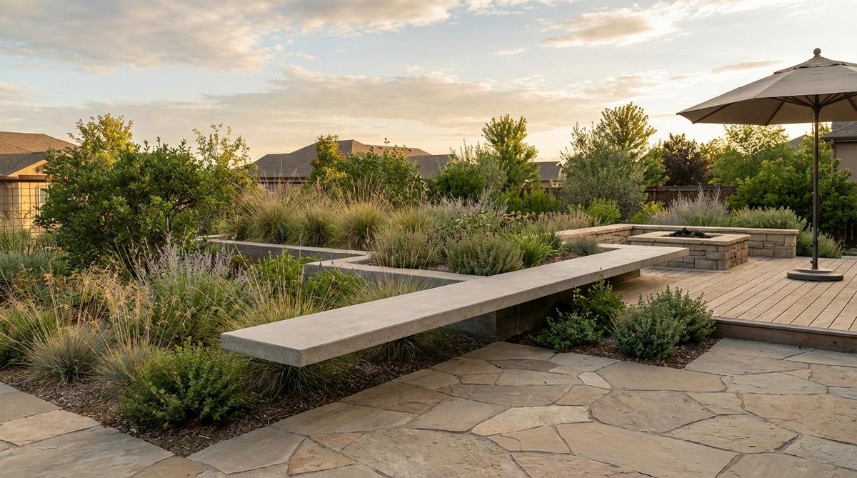A modern garden design featuring a cantilevered concrete bench slab that appears to float above the ground, supported by hidden structural elements for a sculptural and intriguing levitating effect, with reinforcement and concealed footings integrated into adjacent planting beds.