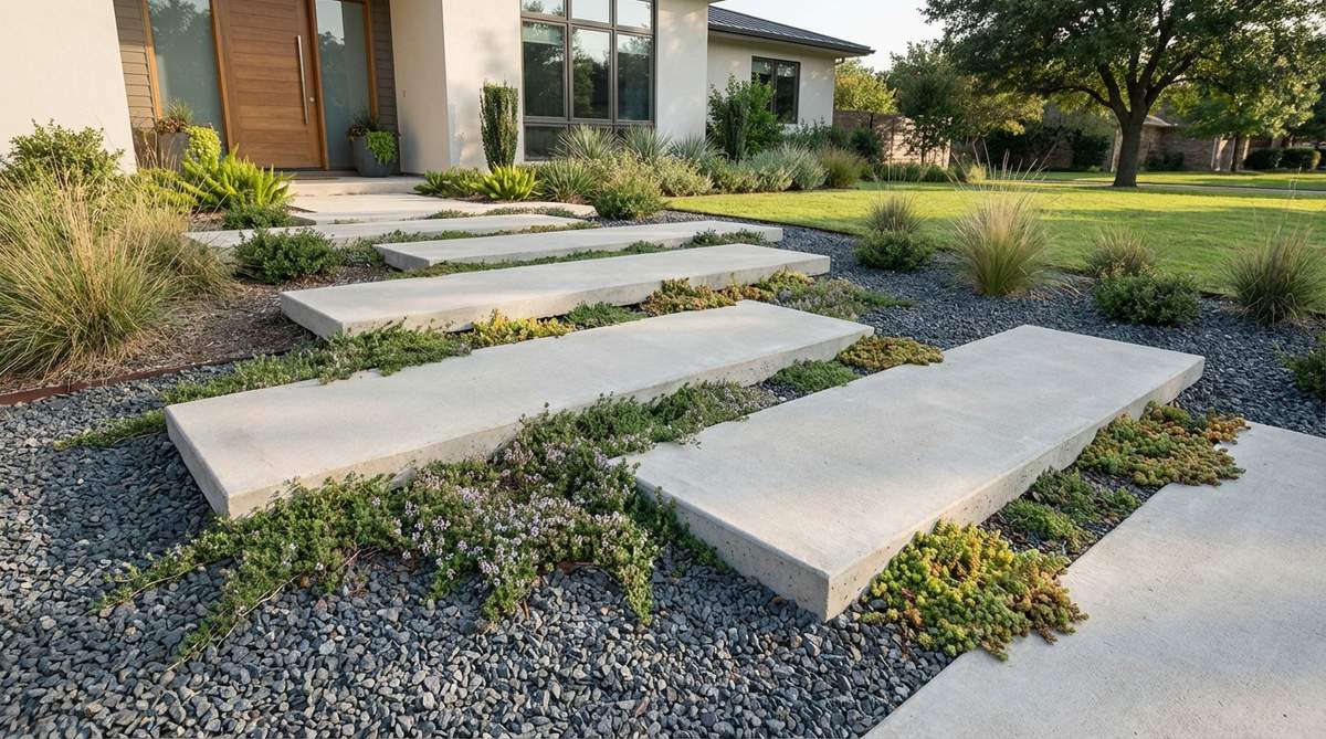 A modern front yard garden featuring floating concrete step pads arranged in a stepping-stone pattern above gravel or groundcover, with low-growing plants like thyme or sedum filling the gaps between pads to create a soft, deliberate pathway to the home's entry.