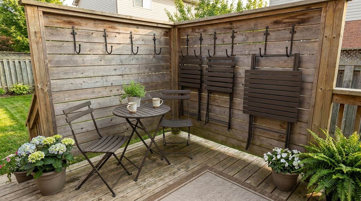 A compact folding bistro table and chairs set up in a corner of a small garden deck, creating flexible dining space that can be collapsed and stored when not in use. The set occupies minimal square footage while providing functional seating for two people, with wall hooks nearby for vertical storage to completely clear the deck for other activities.