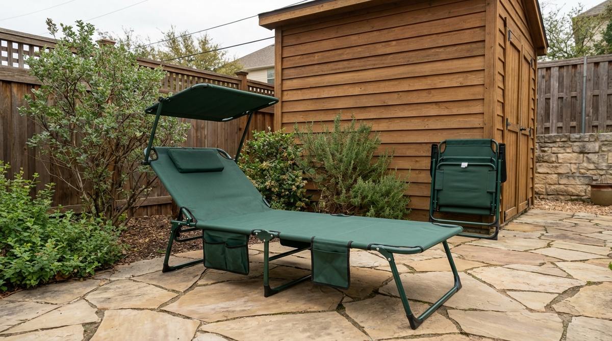 A compact folding lounger with adjustable canopy for small garden spaces, featuring built-in storage pockets and space-saving vertical storage capability.