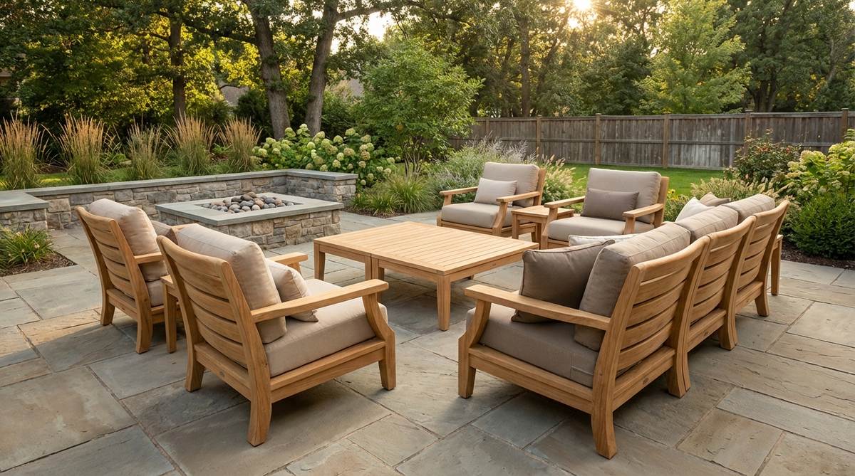 A high-quality image showcasing the FSC-Certified Teak Collection, featuring modular garden furniture with curved backs for ergonomic support and durable mortise-and-tenon joinery. The natural teak wood, resistant to water and insects, is shown in a modern outdoor setting, highlighting its potential to develop a silver patina or maintain a warm tone with care, making it an investment-grade piece for long-term use.