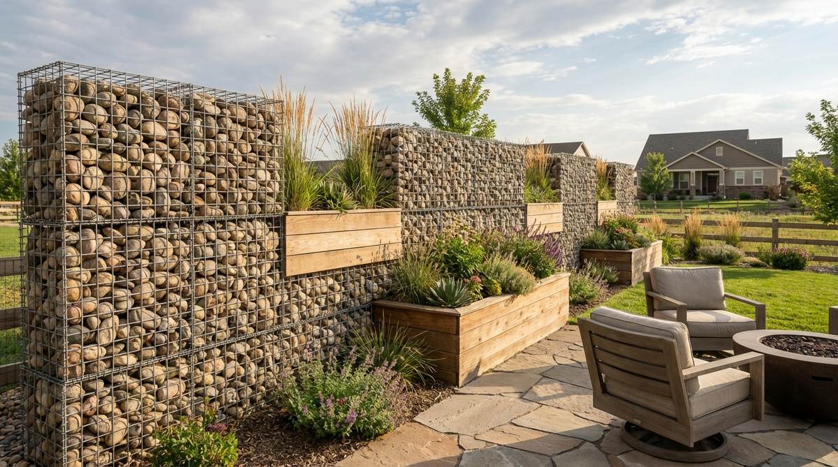 A contemporary gabion wall fence hybrid installation showing wire mesh cages filled with river rock, stacked to create a structural barrier with integrated planters for greenery.