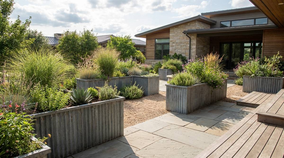 Corrugated metal planter boxes with a zinc coating, offering industrial aesthetics, durability, rust prevention, and heat conduction for soil warming, suitable for modern architecture and high-wind locations.