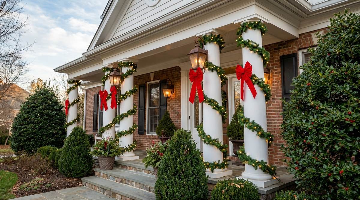 garland wrapped porch columns