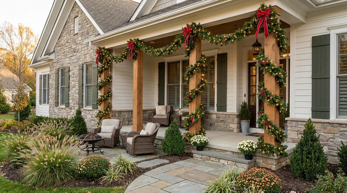 A decorative garden design featuring evergreen garland wrapped around porch columns with integrated lighting and seasonal accents, creating a festive vertical focal point.