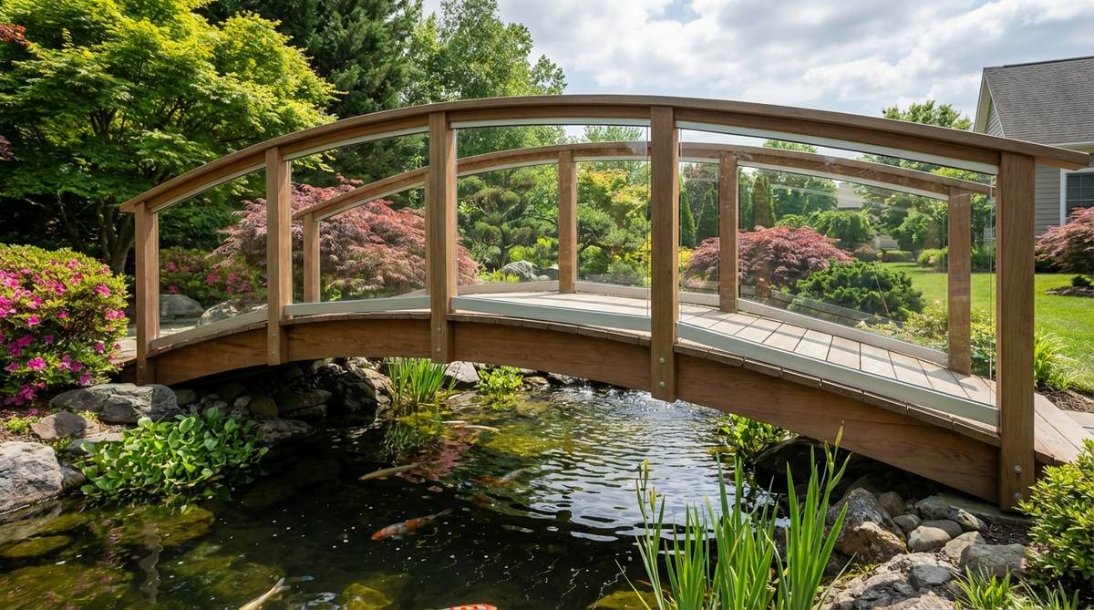 Tempered glass panels used as safety railings on a Japanese garden bridge, providing clear sight lines to the water and plantings below. Installed in aluminum channels with low-iron glass for maximum clarity, these modern railings blend seamlessly with contemporary garden designs while ensuring safety.
