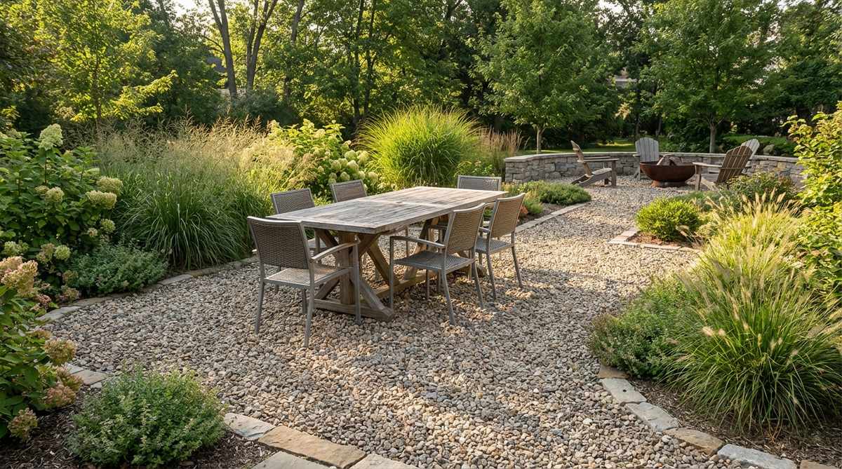 An outdoor dining area with a table and chairs placed on a compacted crushed stone surface, showcasing how gravel provides a stable yet permeable foundation for furniture in a casual garden dining space.