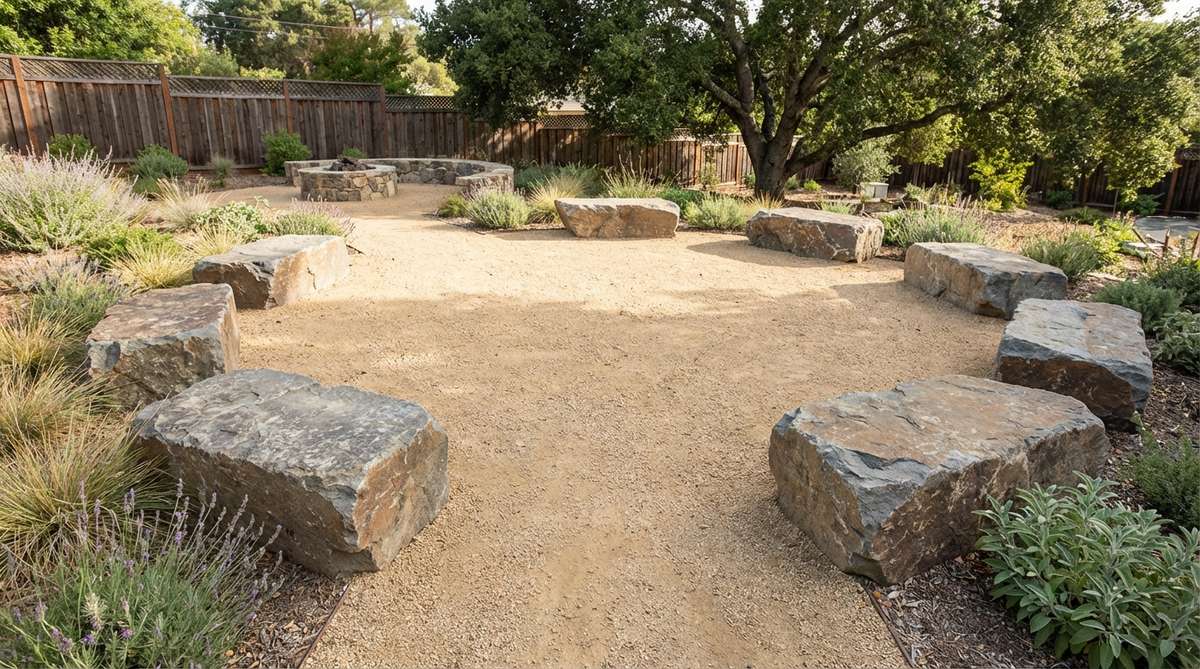 A garden design featuring a gravel patio with flat-topped boulders arranged as natural seating around the perimeter. The boulders are positioned at comfortable heights of 16-18 inches and spaced for conversation groupings, with compacted pea gravel filling the central area over a well-drained base.