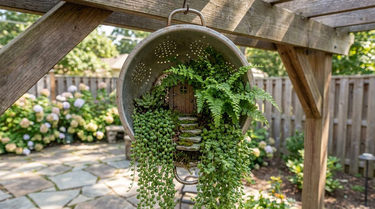 A vintage metal colander repurposed as a hanging container for a miniature garden, featuring trailing plants like string of pearls or ferns cascading through drainage holes to create a living sphere effect, with a visible fairy dwelling inside, ideal for vertical space utilization and three-dimensional display.