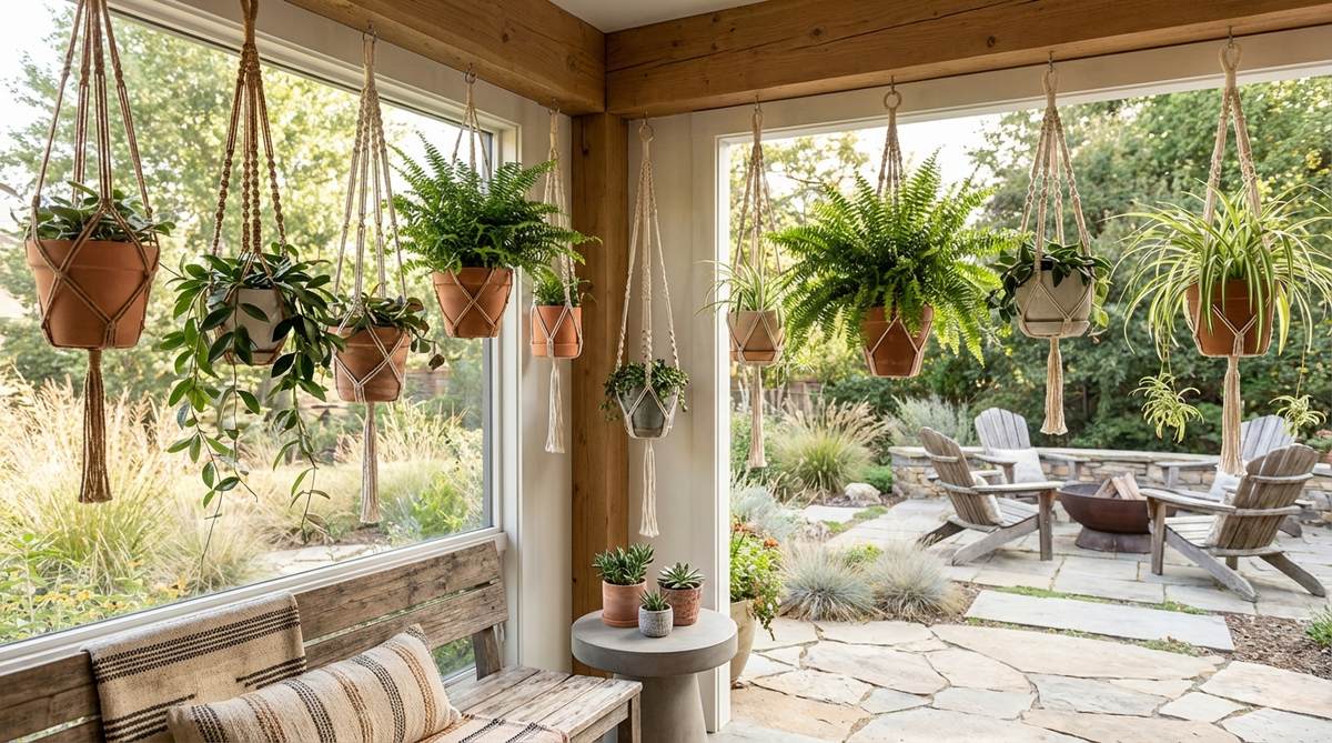 A modern boho decor image showing hanging planters suspended in macramé holders near a window, with plants like ferns and hoyas arranged at staggered heights to create layered texture and save surface space.