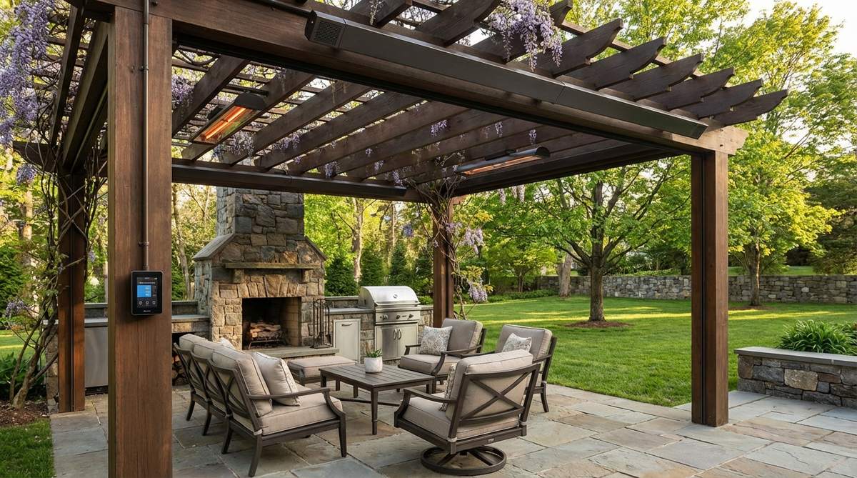 A professional installation of infrared heat lamps mounted to pergola beams, providing invisible warmth for outdoor spaces without visible flames or emissions. The clean electric setup with thermostatic controls ensures instant heat for spontaneous garden use.