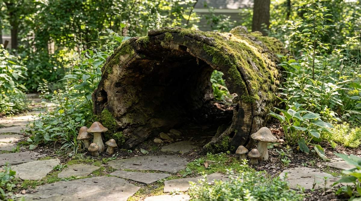 A fairy garden scene featuring a hollow log tunnel passage, with a partially rotted log forming a natural tunnel for pathways. Moss grows on the log's exterior, and small mushroom accessories adorn the entrances, creating a whimsical and authentic woodland aesthetic. The darkened interior adds dramatic contrast, inviting curiosity about what lies beyond.