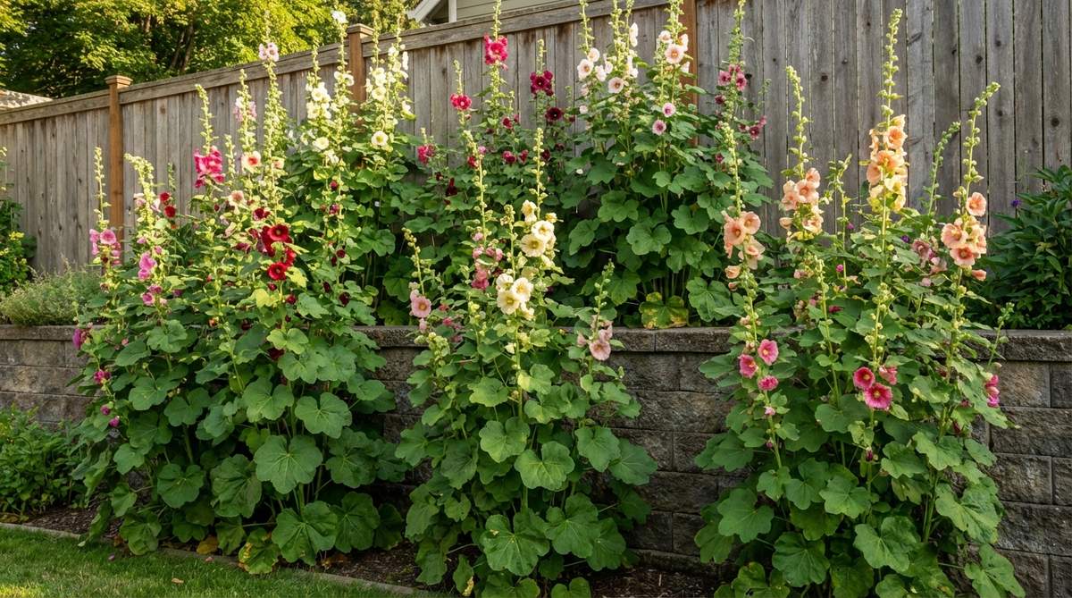 Towering hollyhocks reaching 6 to 8 feet tall, planted in groups of 5 to 9 to create a dramatic backdrop against walls or fences in a cottage garden. Their vertical flower spikes bloom from bottom to top over several weeks in mid-summer, with large rounded leaves providing bold texture from ground level to full height.