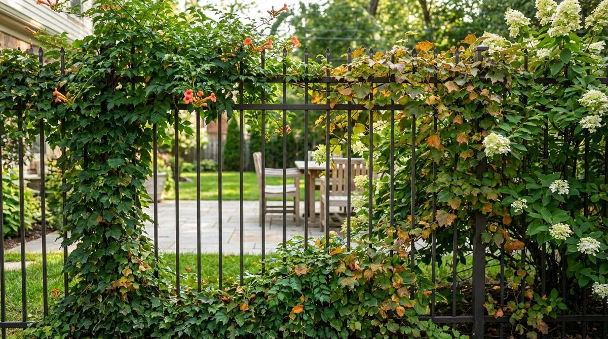 A wrought iron or steel picket fence with climbing vines such as Boston ivy, trumpet vine, or climbing hydrangea trained onto the metal framework, creating a dense privacy screen that combines structural durability with organic beauty and seasonal variation.