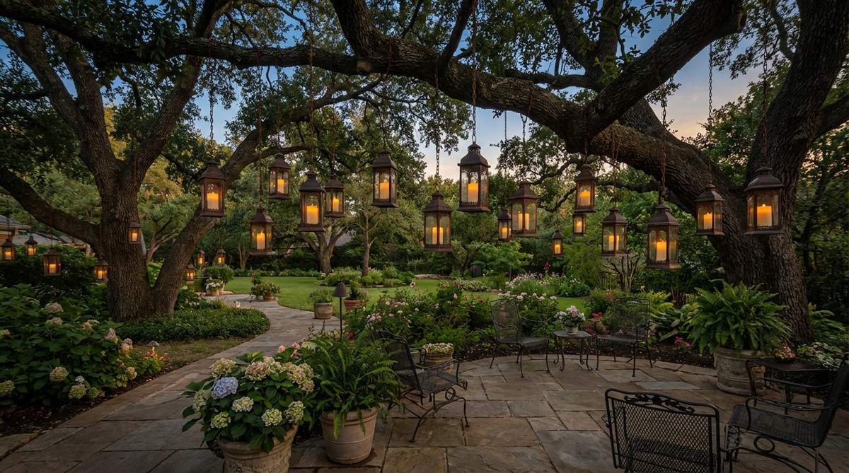 Metal and glass lanterns suspended from tree limbs create magical organic lighting for garden weddings. The lanterns, containing flickering candles, provide warm, dynamic illumination perfect for cocktail hours and evening ceremonies.
