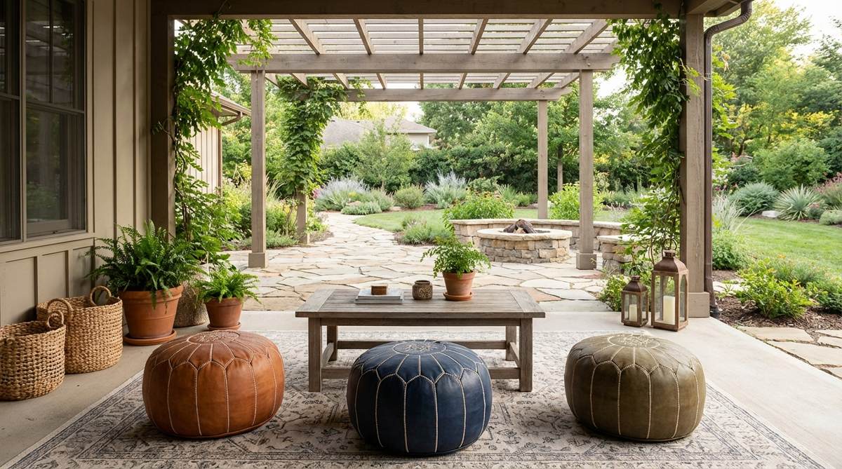 Hand-stitched leather Moroccan poufs in natural or dyed hues, showcasing authentic North African craftsmanship. These poufs feature traditional stuffing with textile scraps or cotton batting for firm supportive seating, perfect for boho garden furniture arrangements. Ideal for covered outdoor areas to prevent water damage.