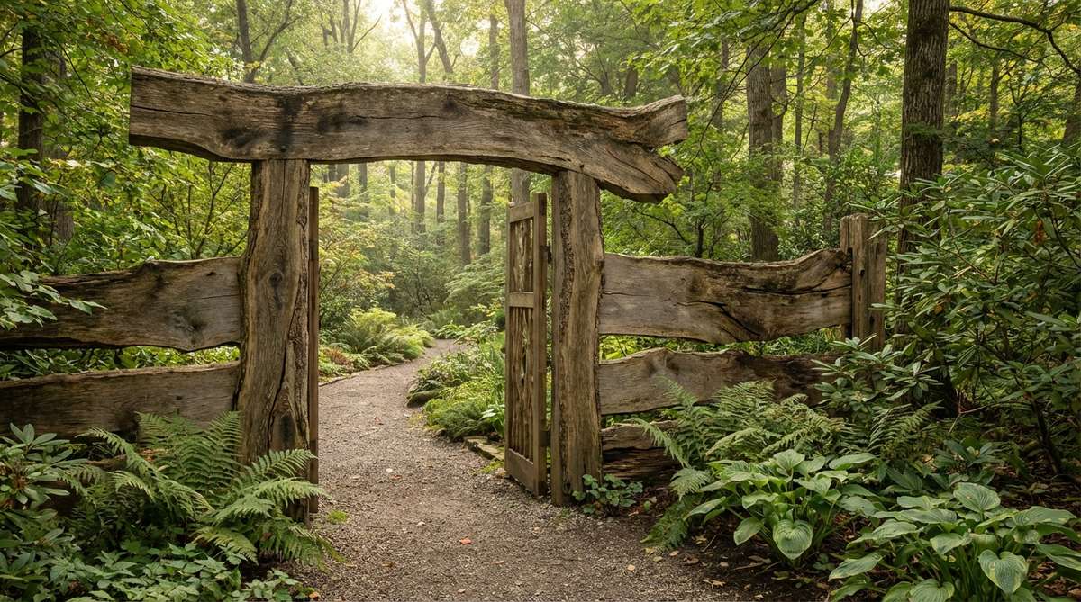A rustic Japanese garden gate crafted from natural timber with live edge contours, featuring organic profiles that blend seamlessly into woodland garden settings. The gate showcases air-dried local wood with preserved cambium texture, designed for informal gardens where refined aesthetics would be inappropriate.