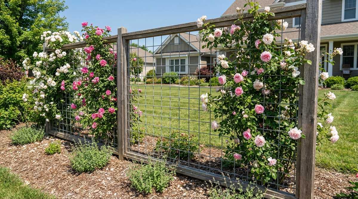 A galvanized welded wire livestock panel used as a modern grid structure for supporting climbing roses in garden design. The 4x16 foot panel provides sturdy support for vigorous climbers, framed with wooden posts or metal conduit for a finished appearance. The 4-inch grid spacing allows for easy cane training without additional ties, making it a budget-friendly option for large-scale rose plantings or trial gardens.