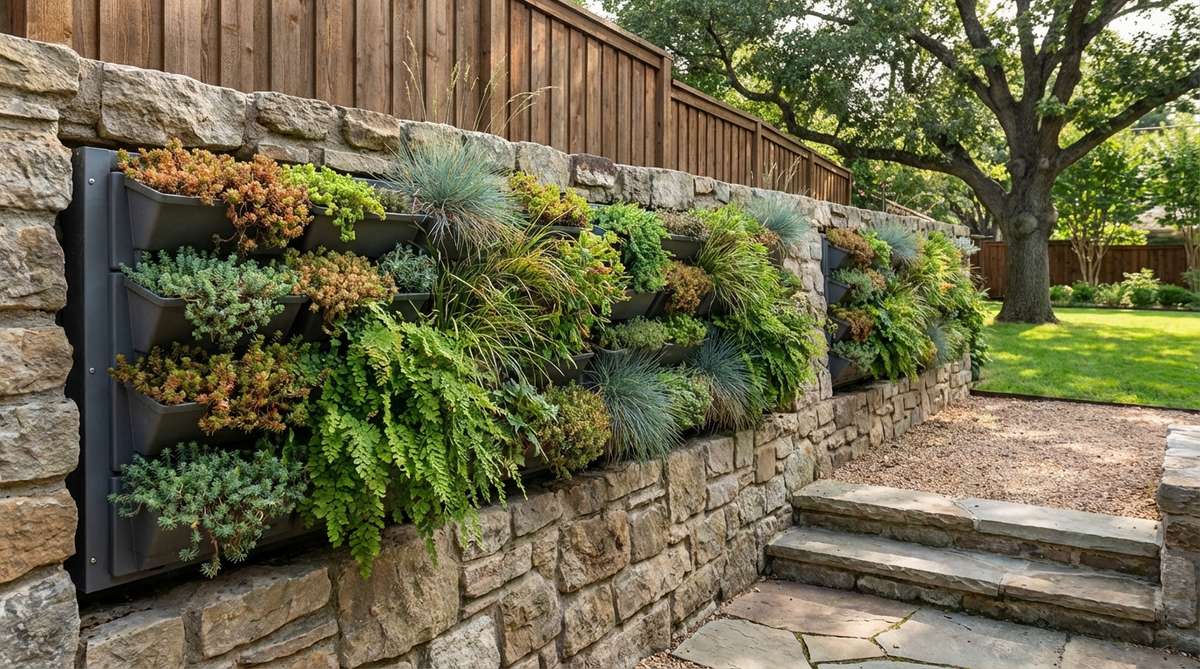 A stone retaining wall supporting a vertical garden system with modular living wall panels, drought-tolerant sedums, and ferns, converting privacy barriers into green infrastructure that improves air quality and reduces urban heat island effects.