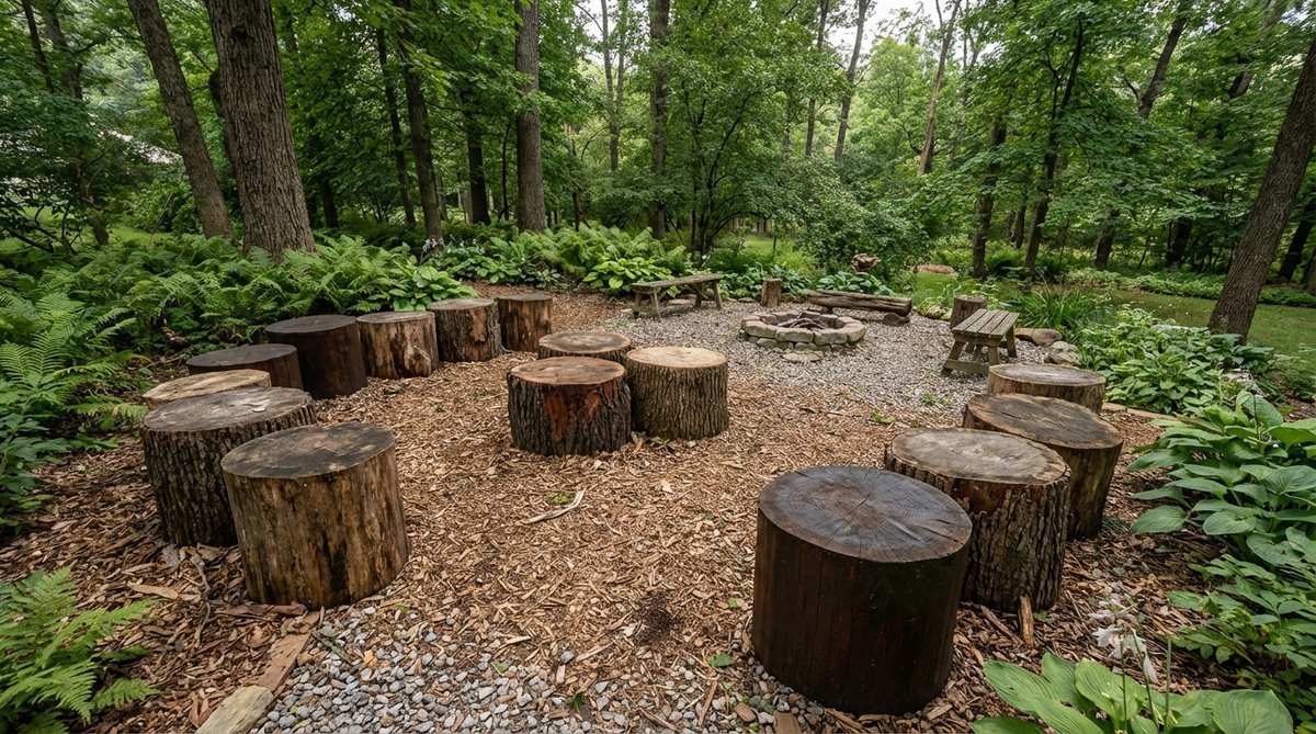 A rustic seating arrangement featuring large diameter log rounds placed vertically as seats or side tables in a woodland or naturalistic garden setting, sealed with exterior wood finish to prevent decay and arranged in irregular groupings for an organic aesthetic.