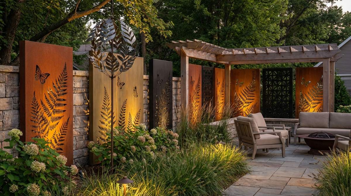 Laser-cut steel garden art depicting botanicals, butterflies, or geometric patterns, with powder-coated finishes in rust, bronze, or matte black, designed for hanging or mounting in gardens to create kinetic sculptures or static displays, enhanced by uplights for dramatic evening shadows.