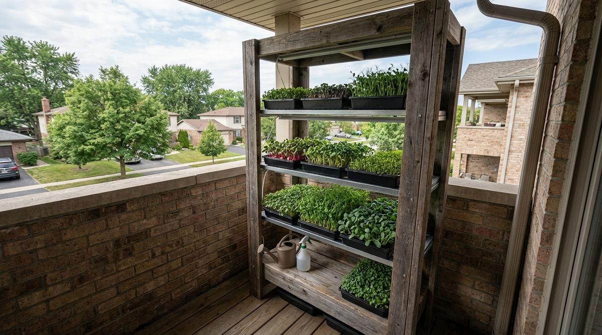 A compact vertical micro-greens production station on a balcony, featuring shallow trays with nutrient-dense greens like radish, sunflower, pea shoots, and broccoli in rotation, ready for harvest at the two-leaf stage for maximum flavor.