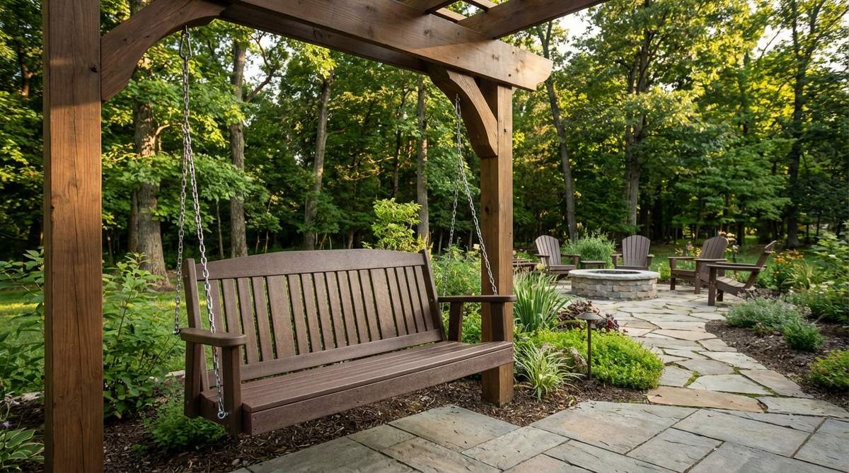 A durable HDPE plastic lumber Mission-style porch swing with clean lines and craftsman aesthetic, featuring weather-resistant construction with slat spacing for airflow, shown in a relaxed garden furniture arrangement.
